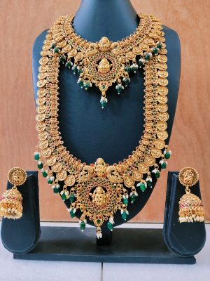 "Bridal Jewelry Set || South Indian || Lakshmi Design || With Green and White Pearls || Bold Zumkas"